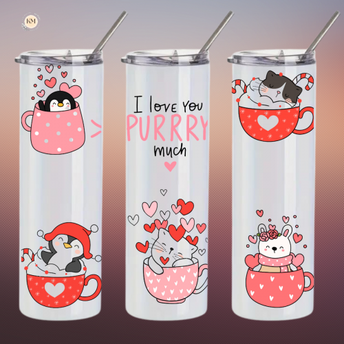 Slim cup with cartoon cat flower pattern with stool and straw